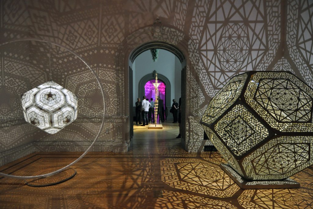 Sculptures by HYBYCOZO, the team of Yelena Filipchuk and Serge Beaulieu, fill a gallery within the Renwick with patterns of light and shadow. | © Deane Madsen